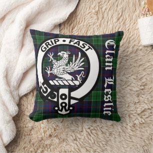 Clan Leslie Tartan & Crest Throw Pillow