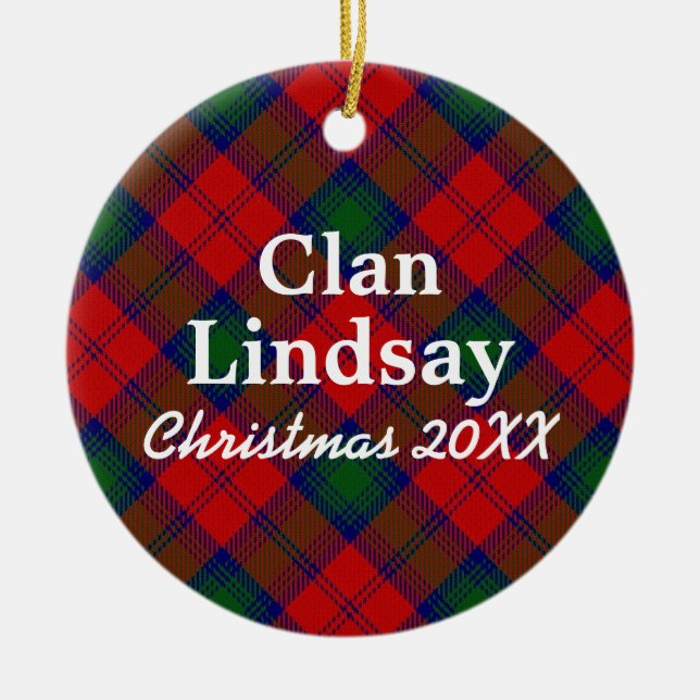 Clan Lindsay Scottish Tartan Ceramic Tree Decoration (Front)