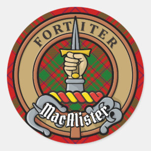 Clan MacAlister of Glenbarr Crest over Tartan Classic Round Sticker