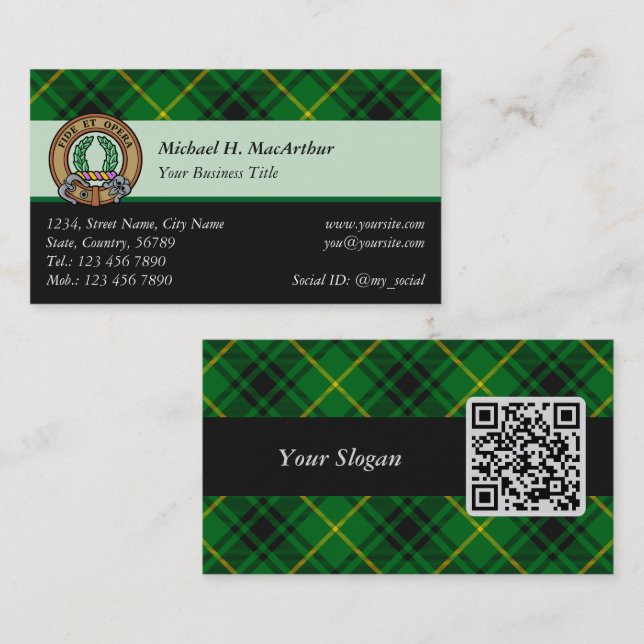 Clan MacArthur Crest over Tartan Business Card (Front/Back)