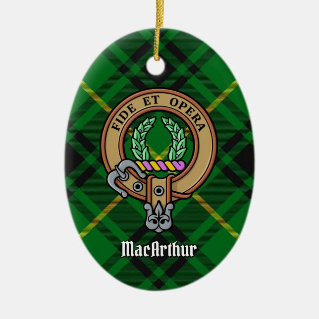 Clan MacArthur Crest over Tartan Ceramic Tree Decoration (Front)