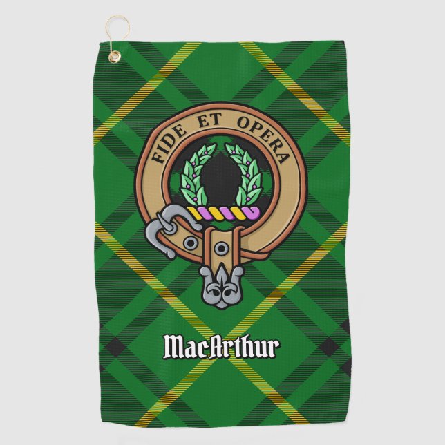 Clan MacArthur Crest over Tartan Golf Towel (Front)