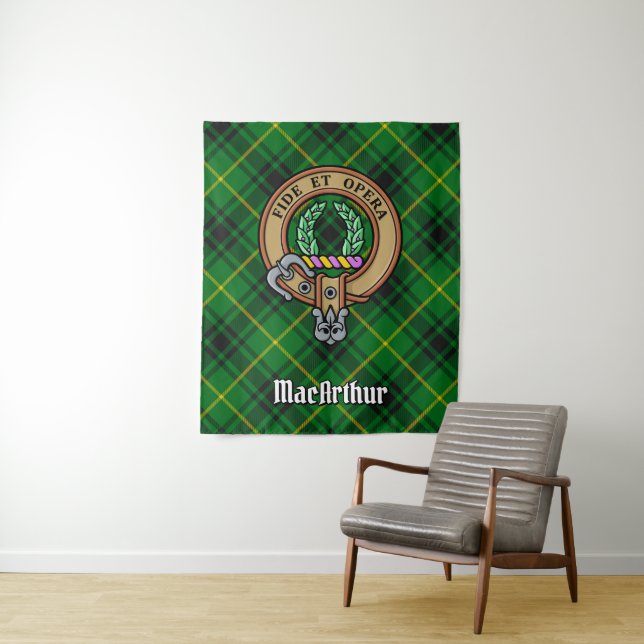 Clan MacArthur Crest over Tartan Tapestry (In Situ)