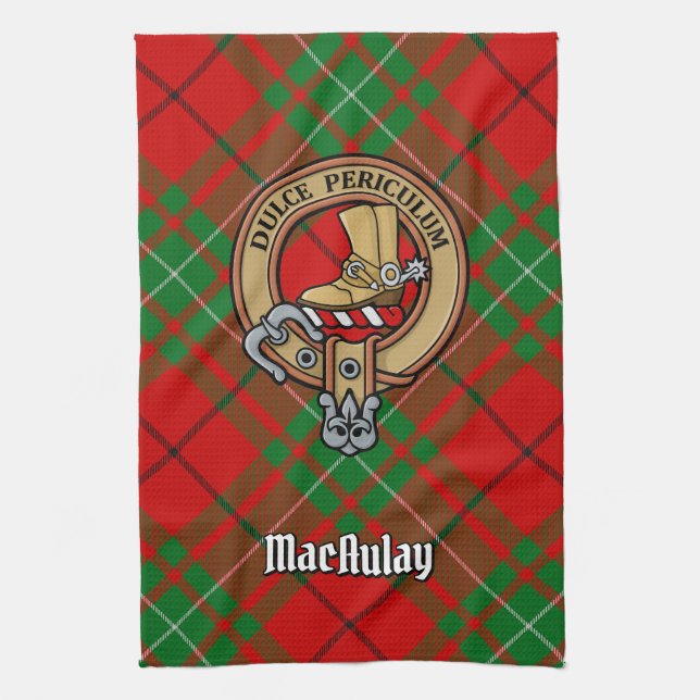 Clan MacAulay Crest over Tartan Kitchen Towel (Vertical)