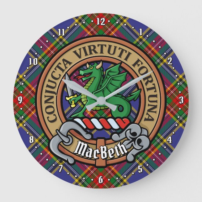 Clan MacBeth Crest over Tartan Large Clock (Front)