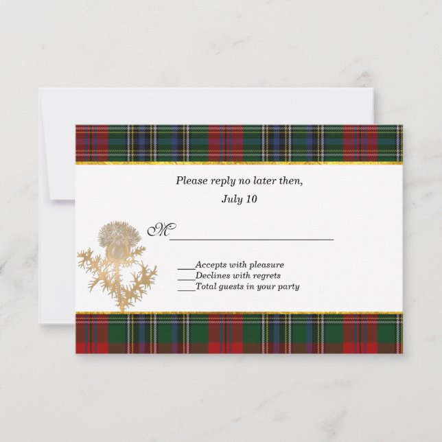 Clan MacClain Tartan Thistle Wedding RSVP Card (Front)