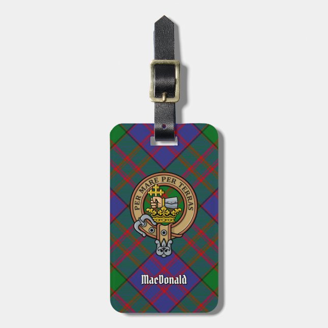 Clan MacDonald Crest over Tartan Luggage Tag (Front Vertical)