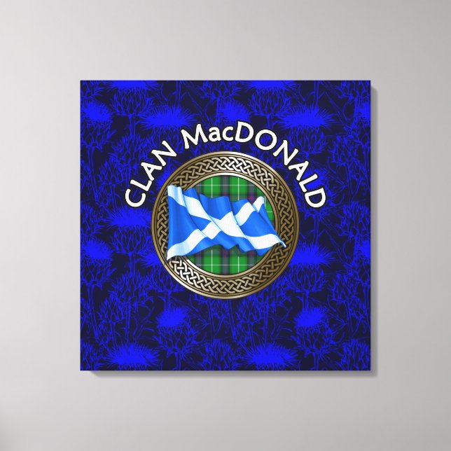 Clan MacDonald Crest & Tartan Knot on Thistle Canvas Print (Front)