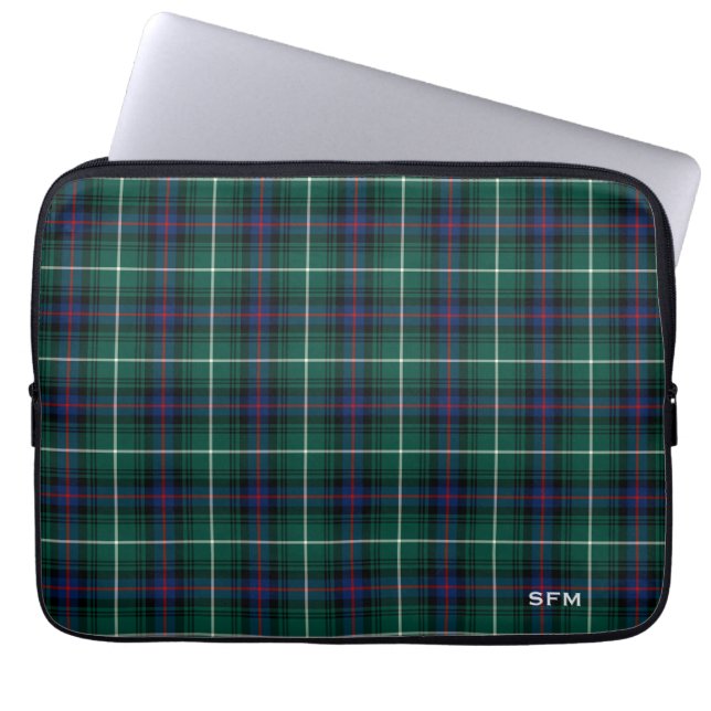 Clan MacDonald Tartan Blue & Green Plaid Monogram Laptop Sleeve (Front)