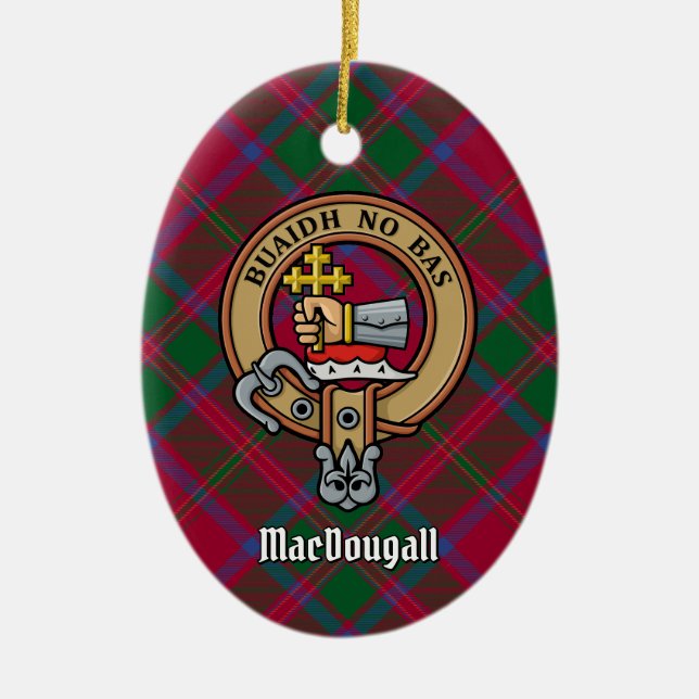 Clan MacDougall Crest over Tartan Ceramic Tree Decoration (Front)