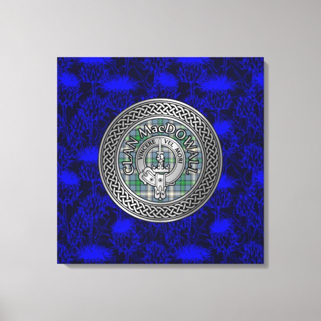 Clan MacDowall Crest & Tartan Knot on Thistle Canvas Print (Front)