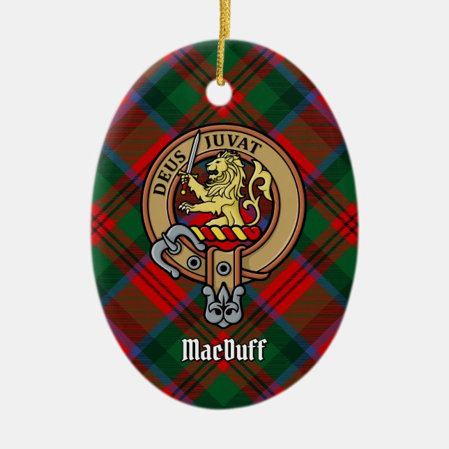Clan MacDuff Crest over Tartan Ceramic Tree Decoration (Front)