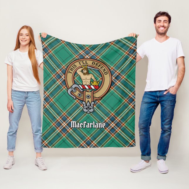 Clan MacFarlane Crest over Ancient Hunting Tartan Fleece Blanket (In Situ)