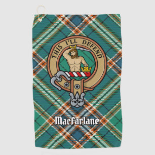 Clan MacFarlane Crest over Ancient Hunting Tartan Golf Towel