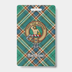 Clan MacFarlane Crest over Ancient Hunting Tartan ID Badge