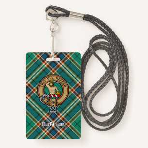 Clan MacFarlane Crest over Ancient Hunting Tartan ID Badge