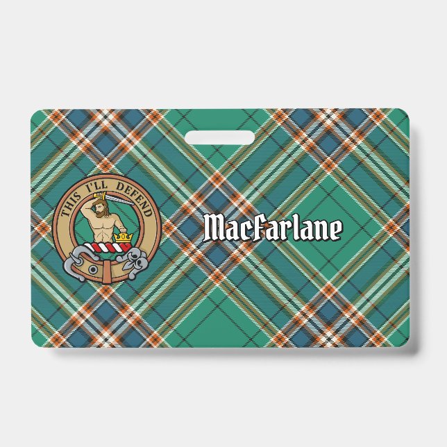 Clan MacFarlane Crest over Ancient Hunting Tartan ID Badge (Front)