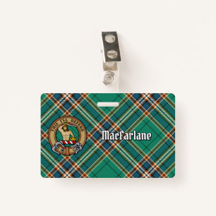 Clan MacFarlane Crest over Ancient Hunting Tartan ID Badge