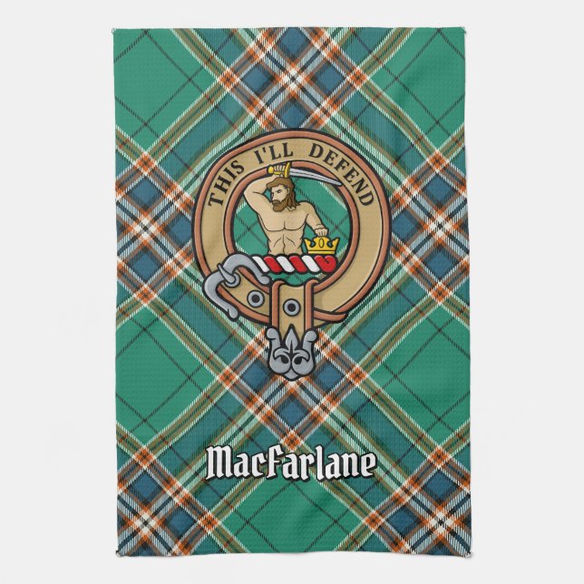 Clan MacFarlane Crest over Ancient Hunting Tartan Tea Towel (Vertical)