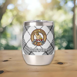 Clan MacFarlane Crest over Black and White Tartan