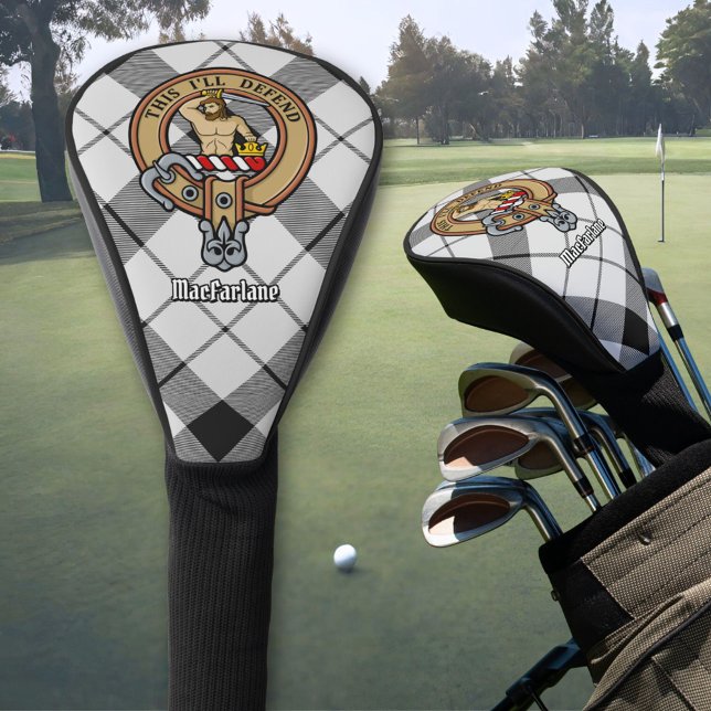 Clan MacFarlane Crest over Black and White Tartan Golf Head Cover (Creator Uploaded)