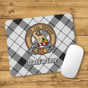 Clan MacFarlane Crest over Black and White Tartan Mouse Pad