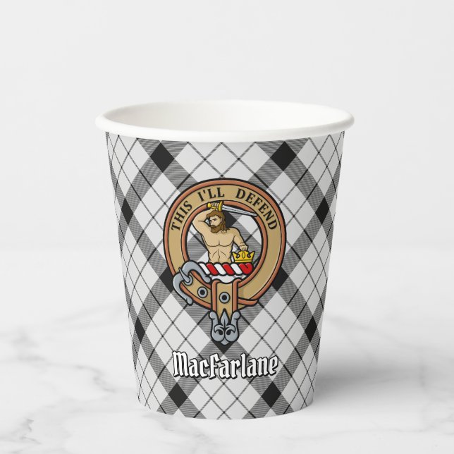 Clan MacFarlane Crest over Black and White Tartan Paper Cups (Front)
