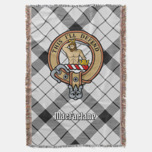 Clan MacFarlane Crest over Black and White Tartan Throw Blanket