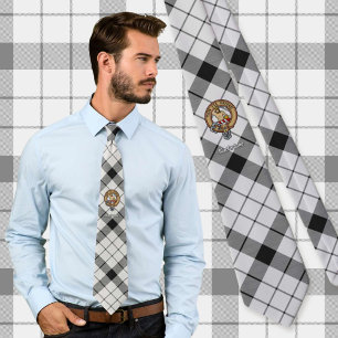 Clan MacFarlane Crest over Black and White Tartan Tie