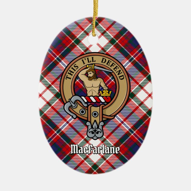 Clan MacFarlane Crest over Dress Tartan Ceramic Tree Decoration (Front)