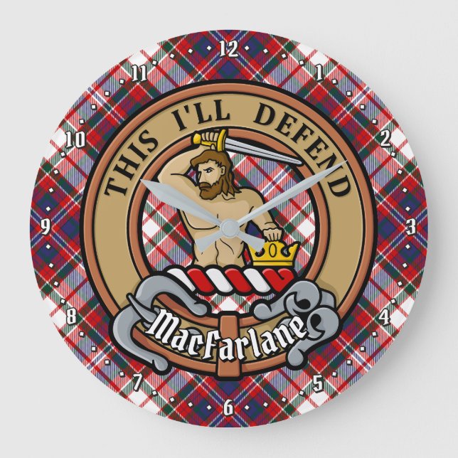 Clan MacFarlane Crest over Dress Tartan Large Clock (Front)