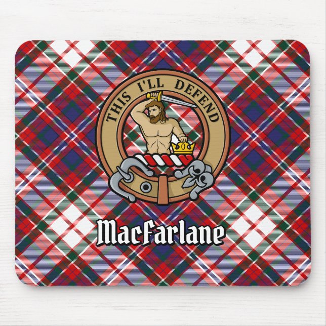 Clan MacFarlane Crest over Dress Tartan Mouse Pad (Front)