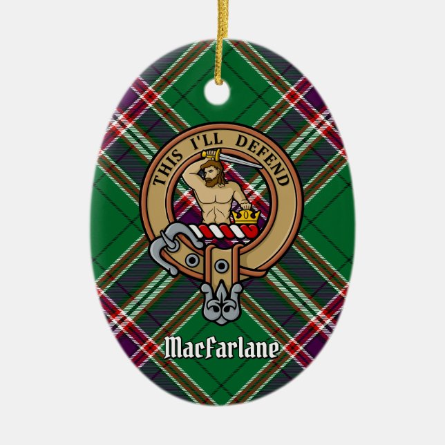 Clan MacFarlane Crest over Modern Hunting Tartan Ceramic Tree Decoration (Front)