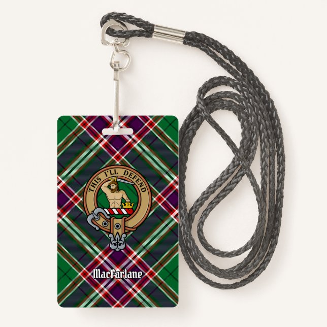 Clan MacFarlane Crest over Modern Hunting Tartan ID Badge (Front with Lanyard)