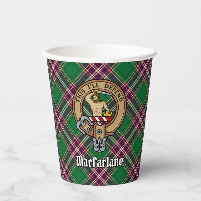 Clan MacFarlane Crest over Modern Hunting Tartan Paper Cups (Front)