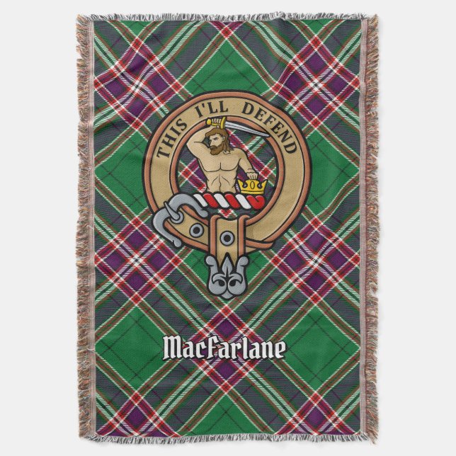 Clan MacFarlane Crest over Modern Hunting Tartan Throw Blanket (Front Vertical)