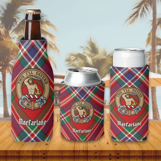 Clan MacFarlane Crest over Red Tartan Bottle Cooler (Creator Uploaded)