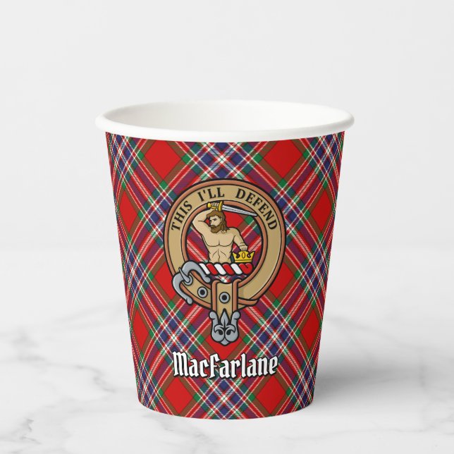 Clan MacFarlane Crest over Red Tartan Paper Cups (Front)