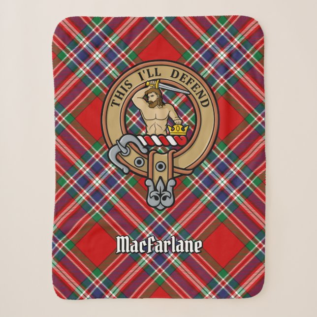 Clan MacFarlane Crest over Red Tartan Sherpa Blanket (Front)