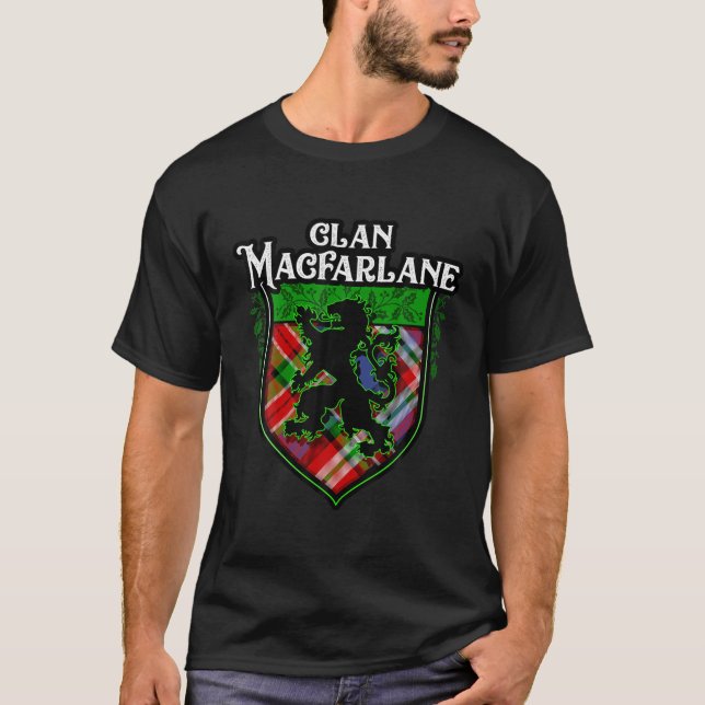 Clan Macfarlane Surname Scottish Tartan Lion Rampa T-Shirt (Front)