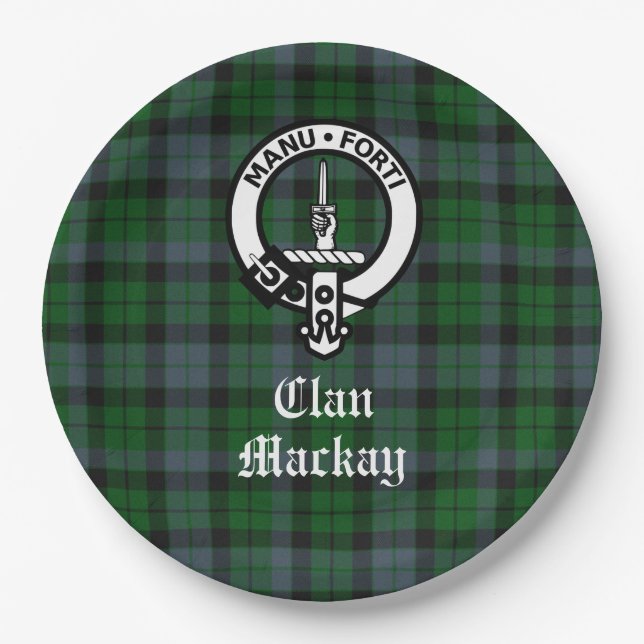 Clan Mackay Crest Badge and Tartan Customisable Paper Plate (Front)