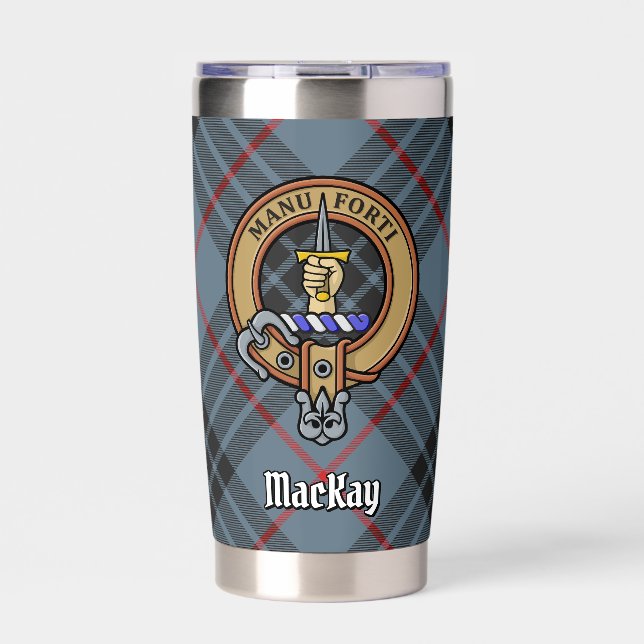 Clan MacKay Crest over Blue Tartan Insulated Tumbler (Front)