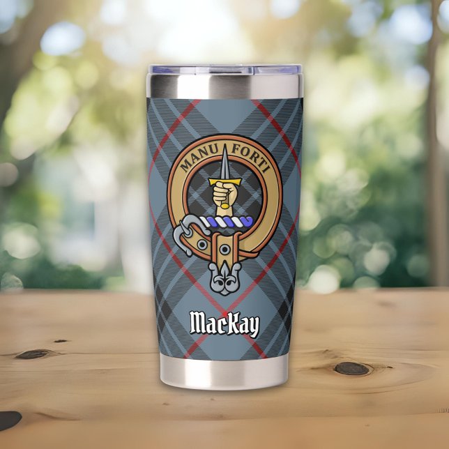 Clan MacKay Crest over Blue Tartan Insulated Tumbler (Creator Uploaded)