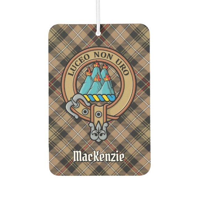 Clan MacKenzie Crest over Brown Hunting Tartan Car Air Freshener (Front)