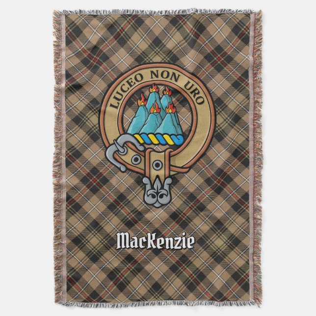Clan MacKenzie Crest over Brown Hunting Tartan Throw Blanket (Front Vertical)