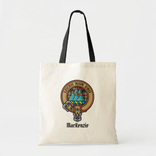 Clan MacKenzie Crest over Brown Hunting Tartan Tote Bag