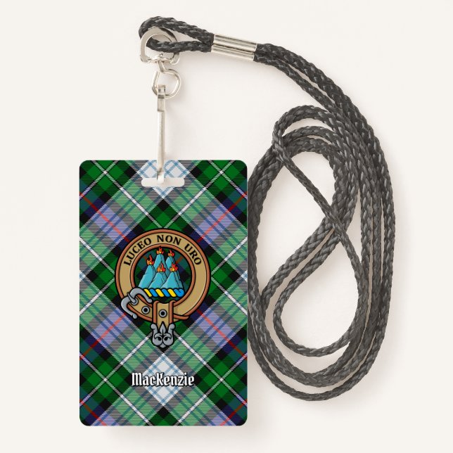 Clan MacKenzie Crest over Dress Tartan ID Badge (Front with Lanyard)