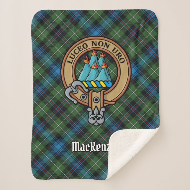 Clan MacKenzie Crest over Tartan Sherpa Blanket (Front)