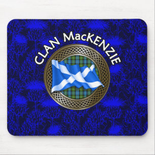 Clan MacKenzie Crest & Tartan Knot on Thistle Mouse Pad