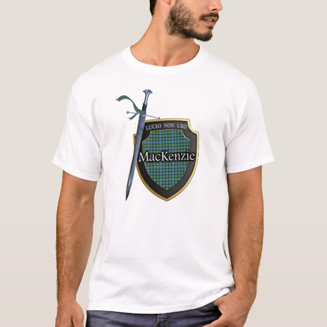 Clan MacKenzie Tartan Scottish Shield & Sword T-Shirt (Front)